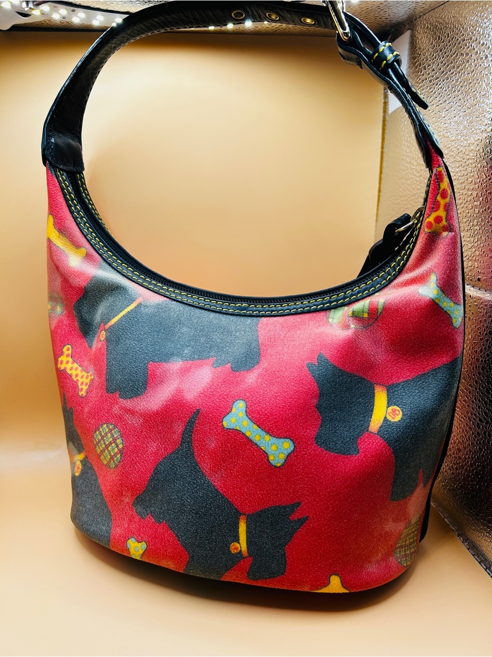 Dooney & Bourke Red Patterned Hobo Bag with Scottish Terriers, Plaid Interior